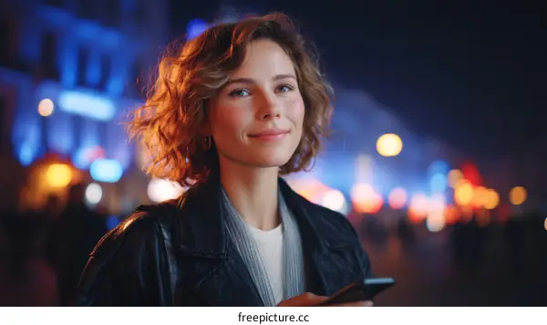Caucasian Woman Using Smartphone at Night