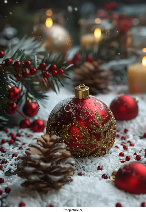 Christmas decoration with red and gold ornaments, pine cones and candles.