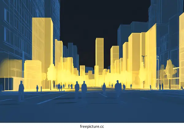 Cityscape with Wireframe Buildings and People