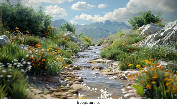 Small river flowing through a lush green valley with flowers and mountains in the distance