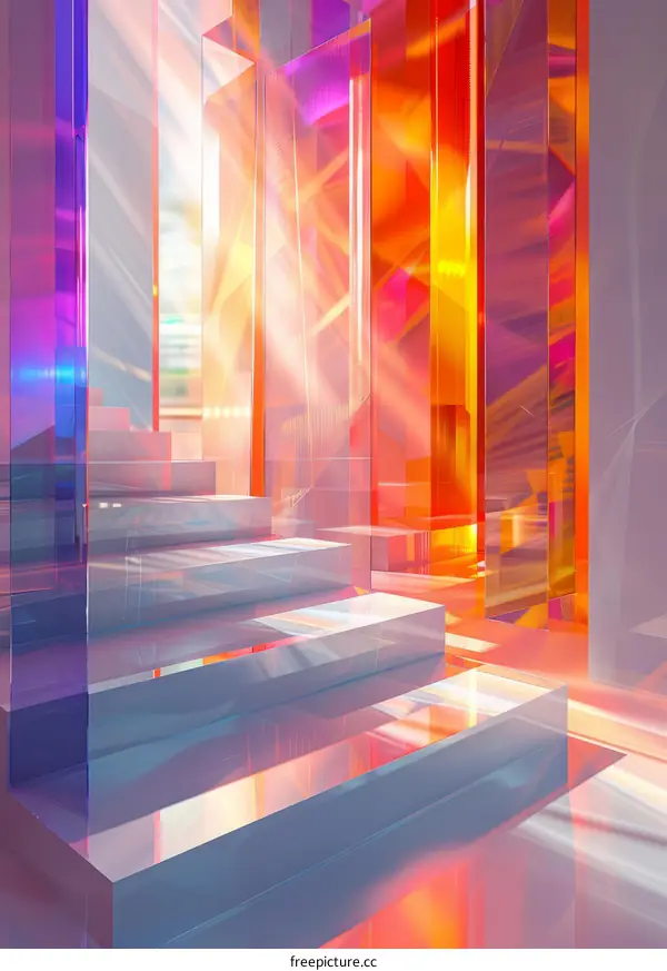 Modern abstract colorful 3D rendering of empty corridor with stairs and glass walls