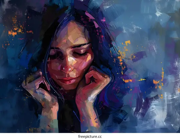 An illustration of a pensive woman with her eyes closed and her hands on her face