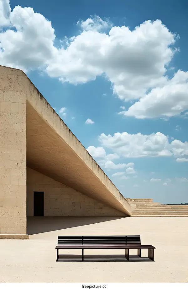 Modern Architecture Design with a Wooden Bench and Blue Sky