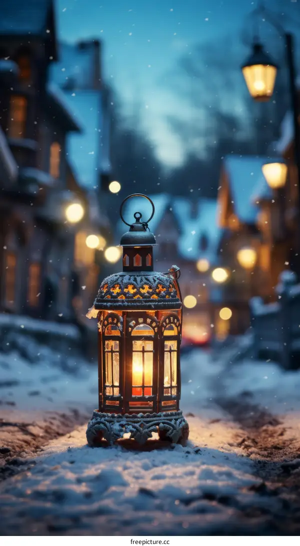 lantern in the snow covered street