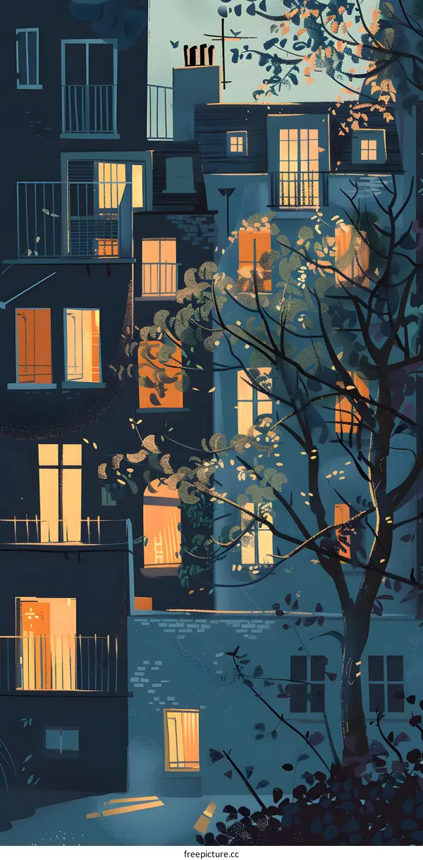 Evening Cityscape with Buildings and Tree