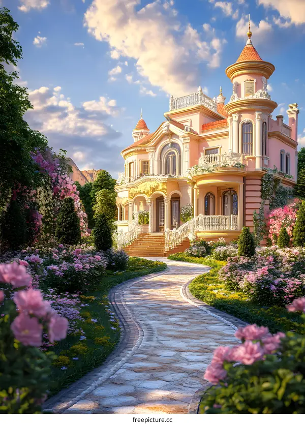 Stone Path Leading to a Pink Mansion