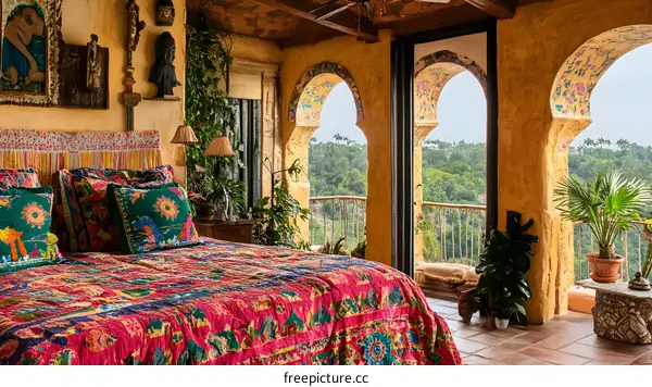Tropical Bedroom Interior With Balcony And View
