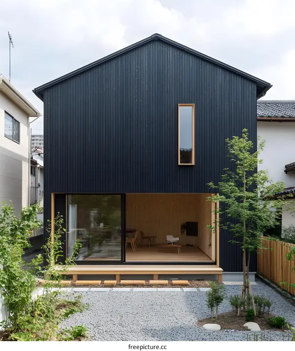 Modern Japanese Home with Black Siding and Wooden Deck