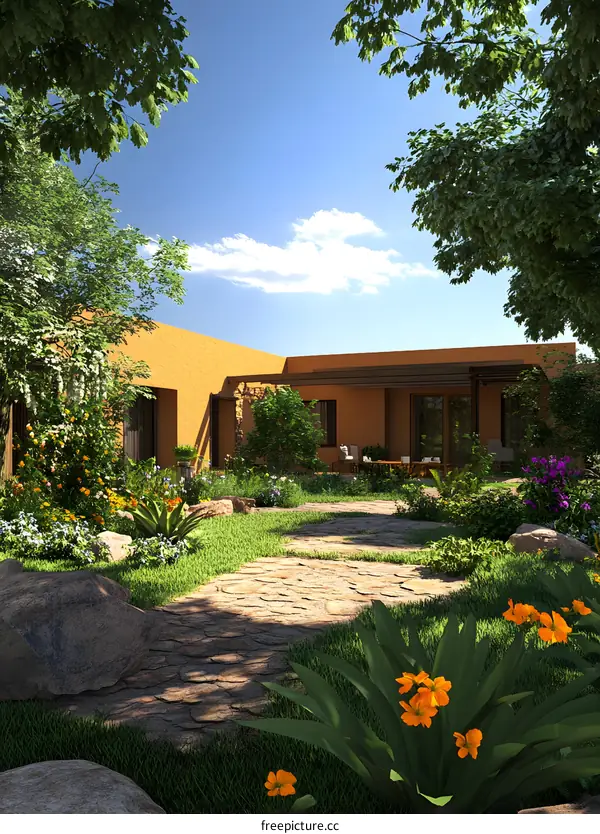 Stone Path in a Green Garden with a House in the Background
