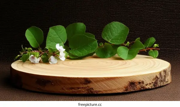 Natural Wooden Slice with Flowers and Leaves
