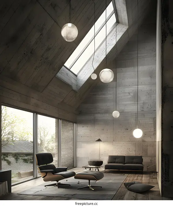 Modern Minimalist Living Room Design With Exposed Concrete Walls And Skylight