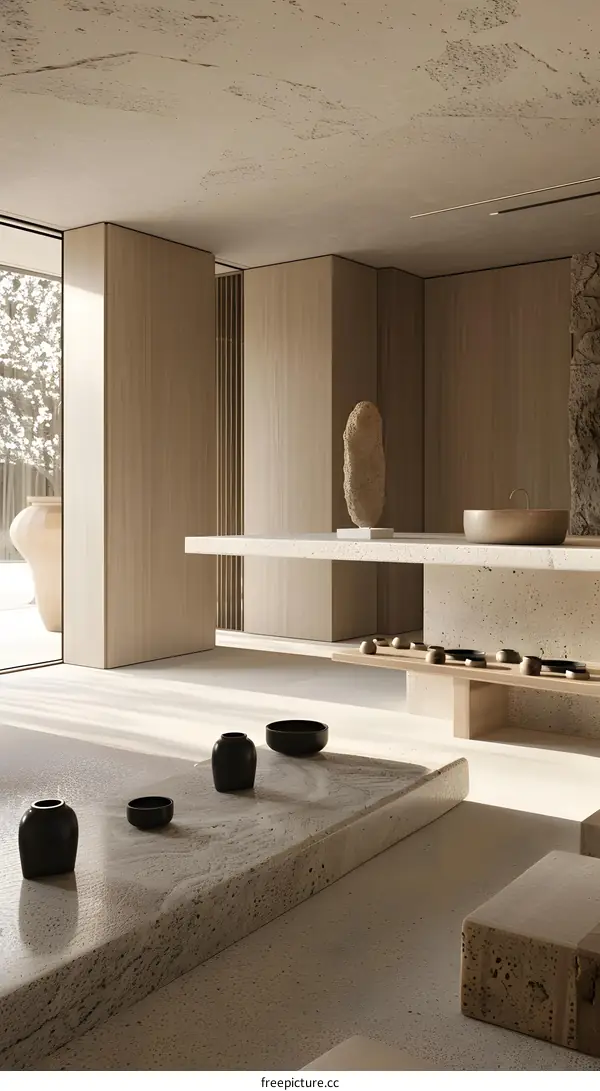 Minimalist Japanese Style Interior Design Living Room With Stone Wall And Wood Floor