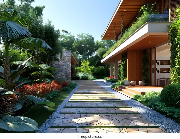 Courtyard of a Modern Tropical Villa with Stone Pathway
