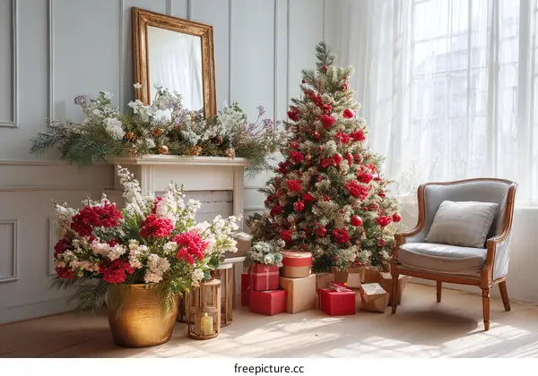 Christmas Interior Decor with Festive Tree and Flowers