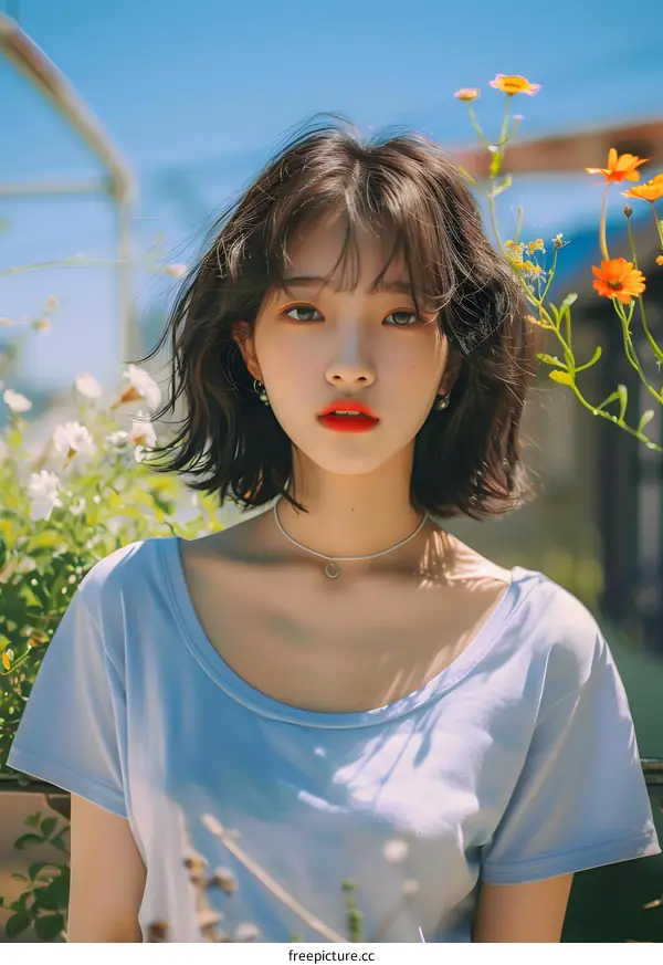 Portrait of a Young Woman with Short Hair and a Blue T Shirt