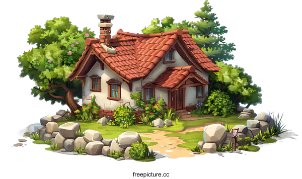 [Transparent Background PNG]Cute Cartoon Style House With Red Roof Illustration