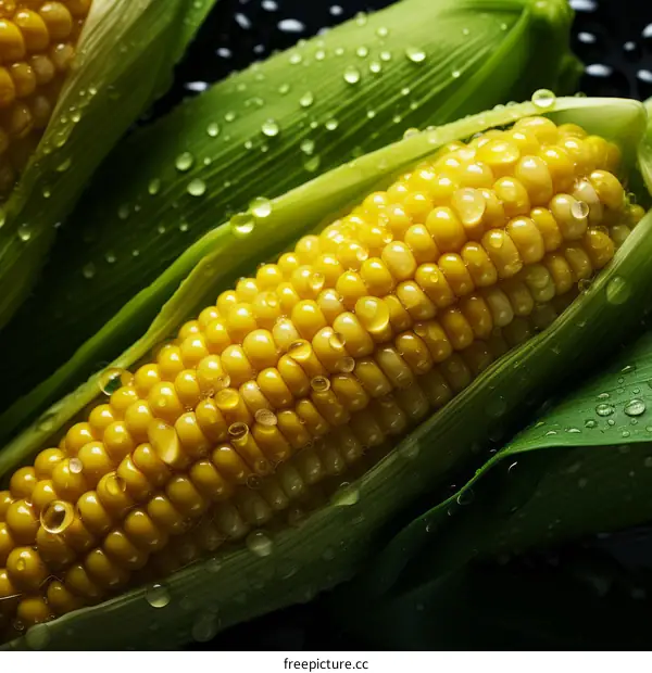 Close-up of fresh corn on the cob with water drops
