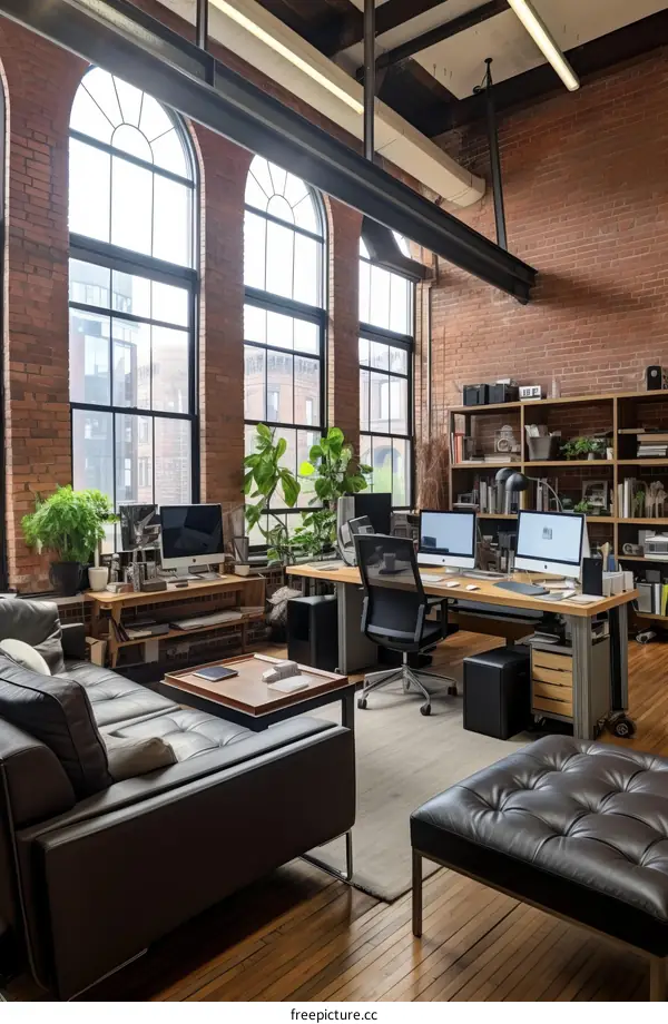 Modern office interior with brick walls and large windows