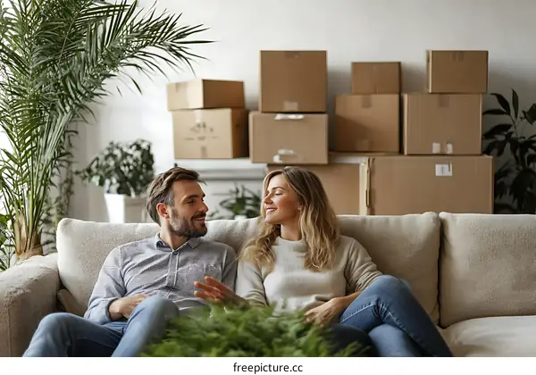 Couple Relaxing on Sofa Amidst Moving Boxes