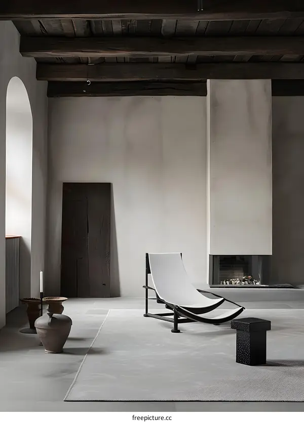 Minimalist Interior Design With White Lounge Chair And Fireplace