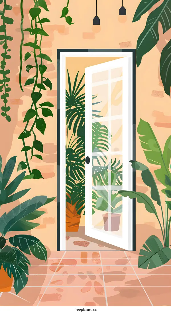 Open Door With Greenery And Hanging Lights Illustration