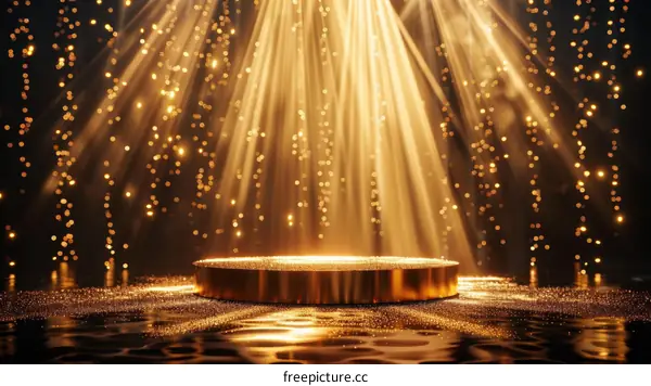 Golden stage with spotlights and glitter particles