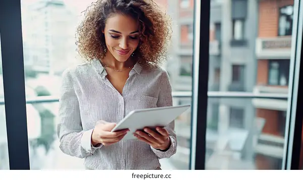 African American Woman Using Digital Tablet in Modern Office