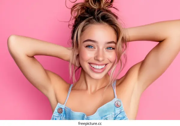 Smiling Woman in Denim Overall against Pink Background