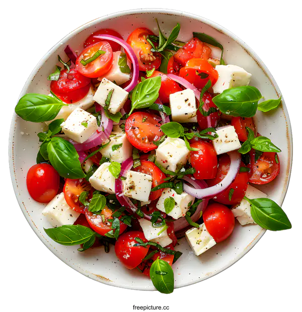 [Transparent Background PNG]Top view of fresh salad with tomatoes, mozzarella cheese, red onion and basil leaves