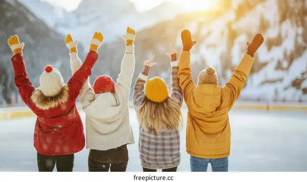 Four Women Enjoying Winter Fun on Ice Rink