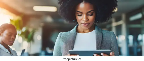 African American Businesswoman Working on Tablet in Office