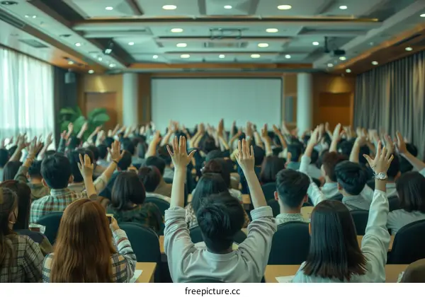 A group of people are raising their hands in a conference room