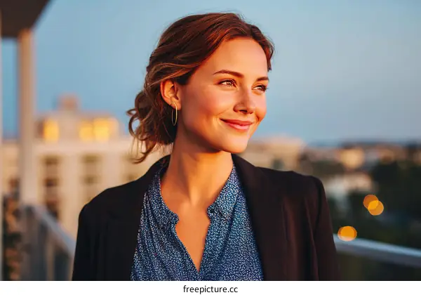 Confident Woman on Rooftop at Sunset