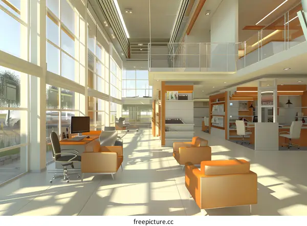 Modern Office Interior Design with Large Windows and Light Filled Room