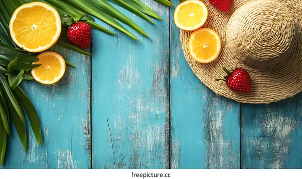 Summer Fruit and Hat on Blue Wood Background