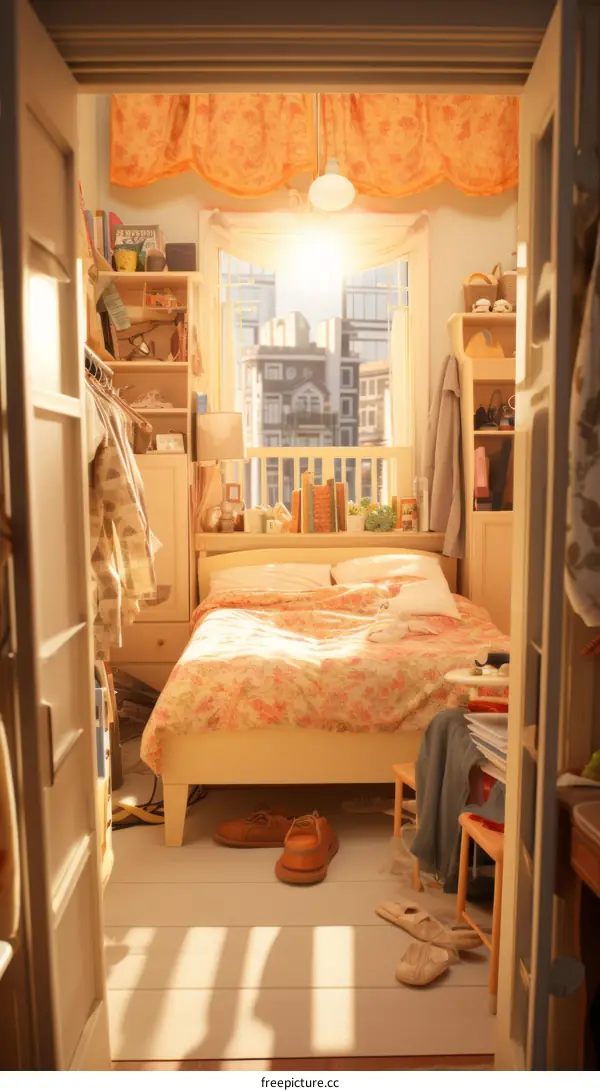 Cozy bedroom interior with unmade bed and clothes on the floor