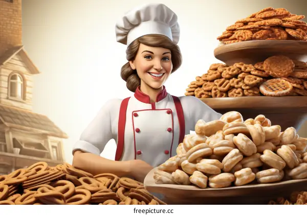 Cheerful baker leaning on a table full of cookies