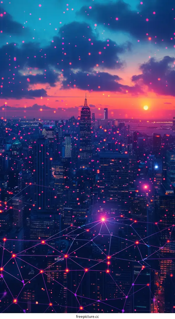 A digital painting of a city at night with a pink and blue sky and glowing pink lights