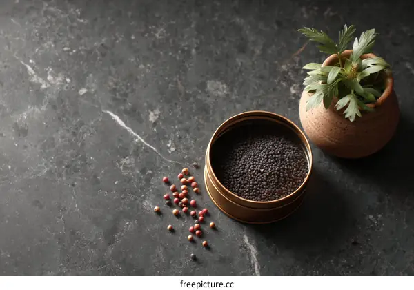 Dark Stone Tabletop with Spices and Potted Plant