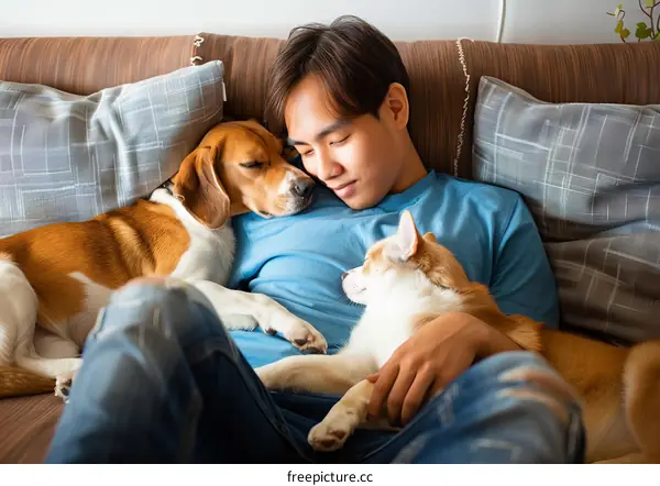 A young man is lying on a couch with a beagle and a corgi.