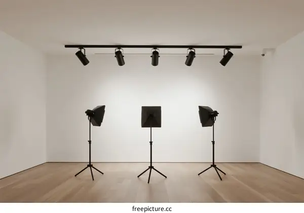 Exhibition room with lighting equipment and display stands