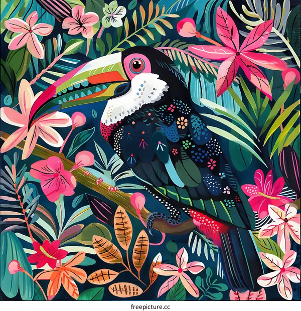 Tropical Toucan Illustration In Floral Background