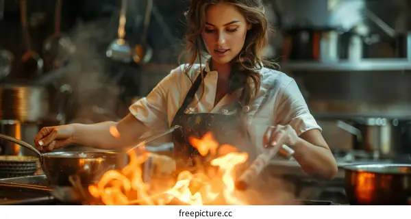 Focused Female Chef Cooking Over Flaming Pan