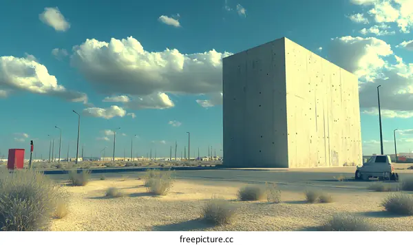 Concrete Building in Desert Landscape with Blue Sky