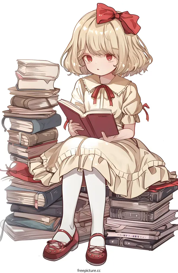 Cute Anime Girl Reading a Book on a Pile of Books