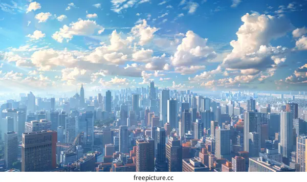 Panoramic Cityscape with Fluffy Clouds