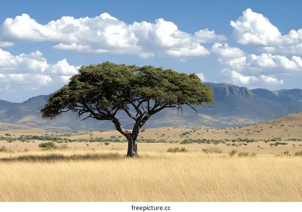 Single Tree in a Grassland Landscape with Mountains and Blue Sky
