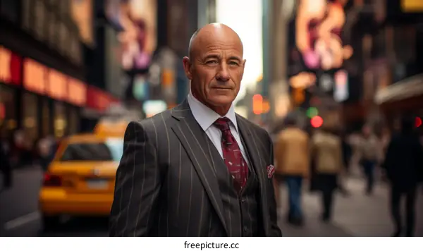 Portrait of a successful businessman in a suit standing in the middle of a busy city street