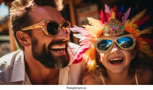 Father and daughter wearing funny glasses and laughing
