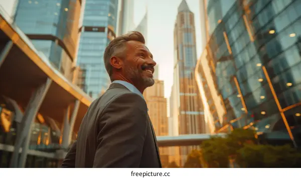 A businessman is walking down the street and smiling.